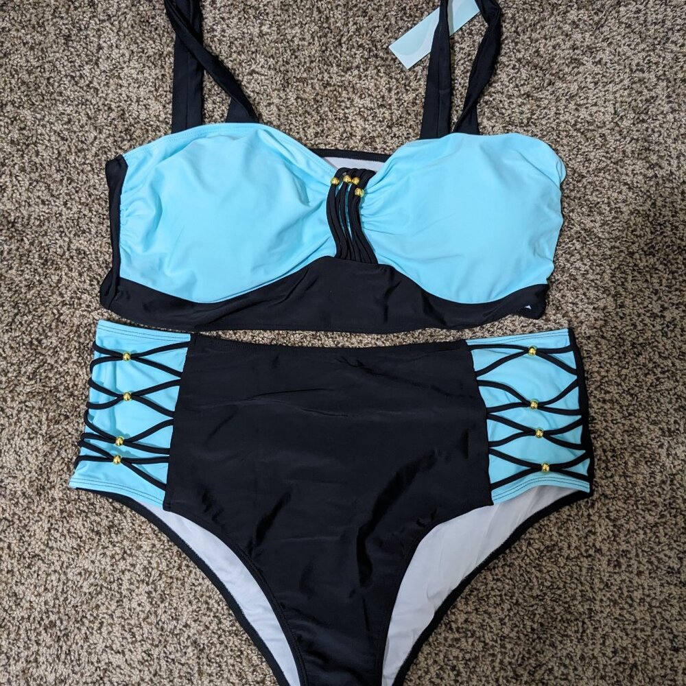 Dressfo Plus-Sized Swimsuit 4XL Blue & Black Tankini Two Piece Swim Curve